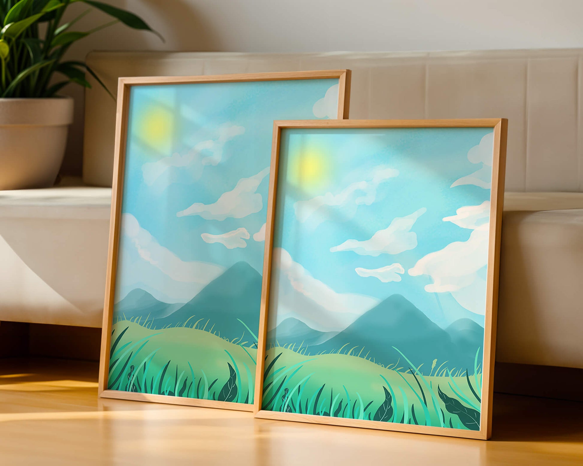 Sunny Day Overlooking a Mountain Landscape with Rolling Hills and Blue Sky