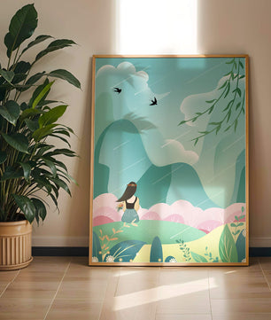 Peaceful landscape with a girl and nature elements