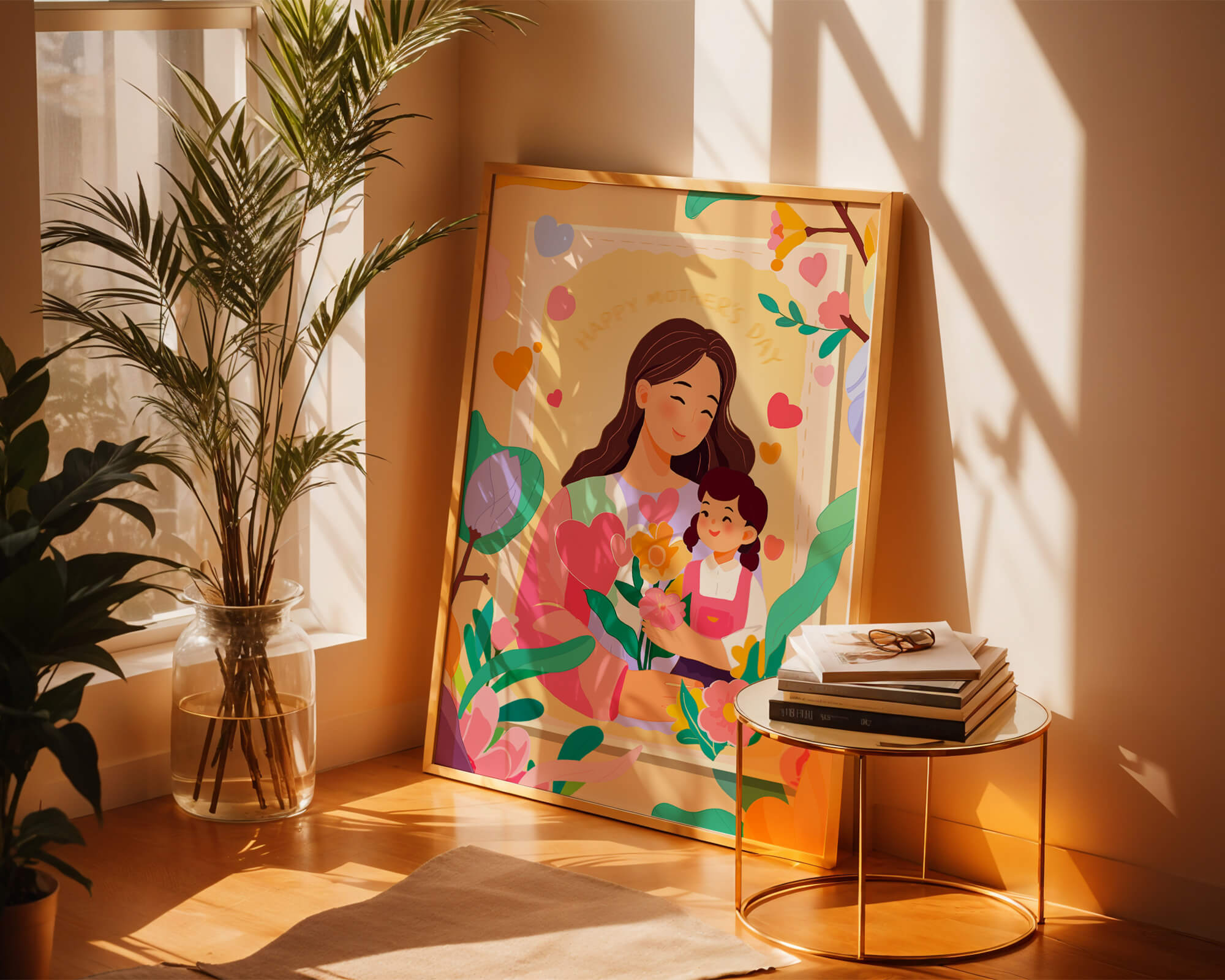 Illustration of mother and daughter with flowers for Mother's Day