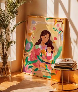 Ilustración de madre e hija con flores para el Día de la Madre
