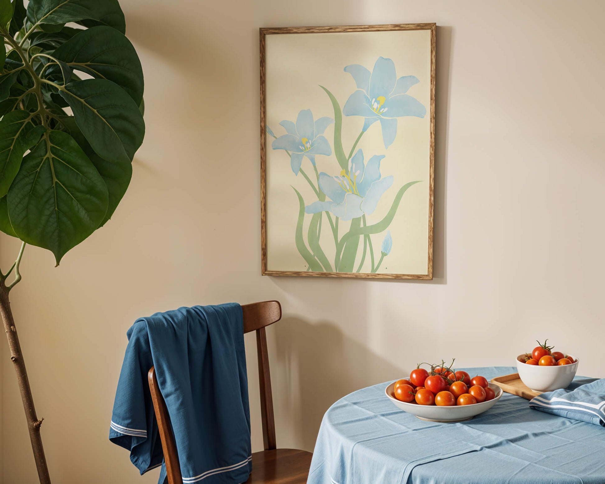 Ilustración elegante de flores azul claro con tallos verdes