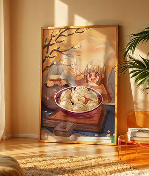 Comida de dumplings acogedora al aire libre en un entorno otoñal soleado con personaje alegre