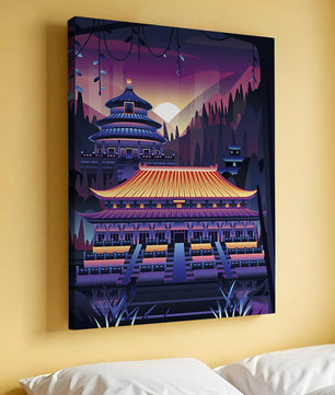 Neon Asian Temple at Sunset in Stylized Landscape