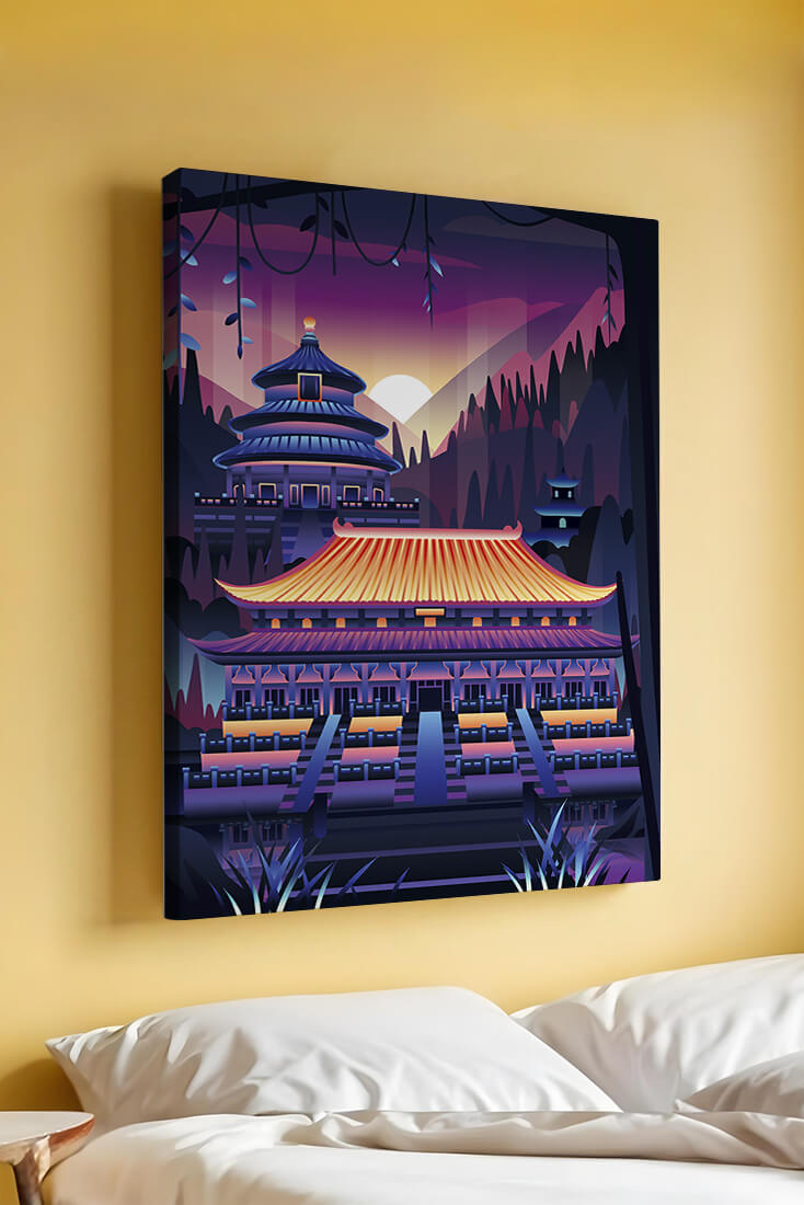 Neon Asian Temple at Sunset in Stylized Landscape