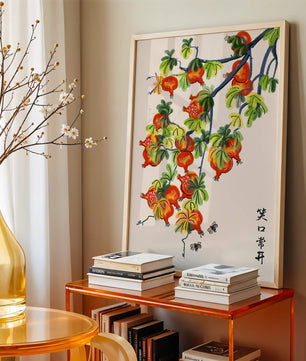 Artistic illustration of vibrant pomegranates on a branch with Asian aesthetic