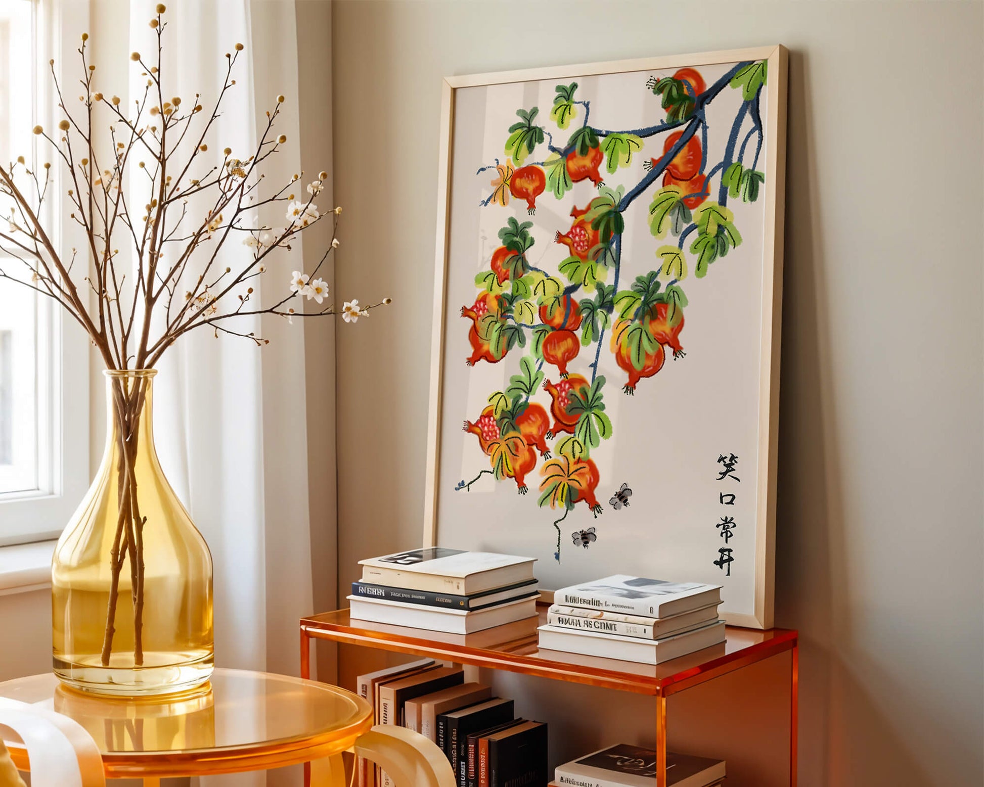 Artistic illustration of vibrant pomegranates on a branch with Asian aesthetic