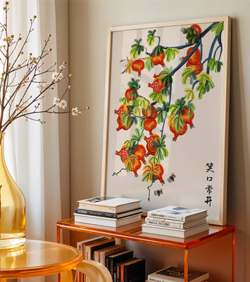 Artistic illustration of vibrant pomegranates on a branch with Asian aesthetic