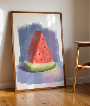 Ilustración en acuarela de una rodaja de sandía con fondo abstracto