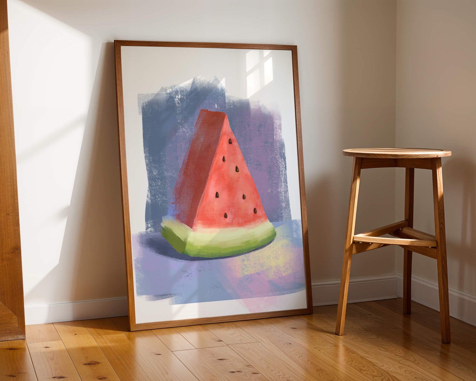 Watercolor illustration of a watermelon slice with abstract background