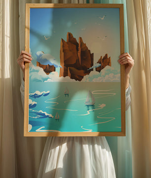 Majestic Sea Cliffs and Sailboats in Serene Landscape