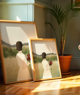 Woman in White Dress Holding Bouquet Facing Nature