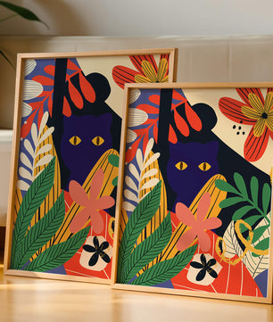 Ilustración abstracta colorida con un gato y patrones florales