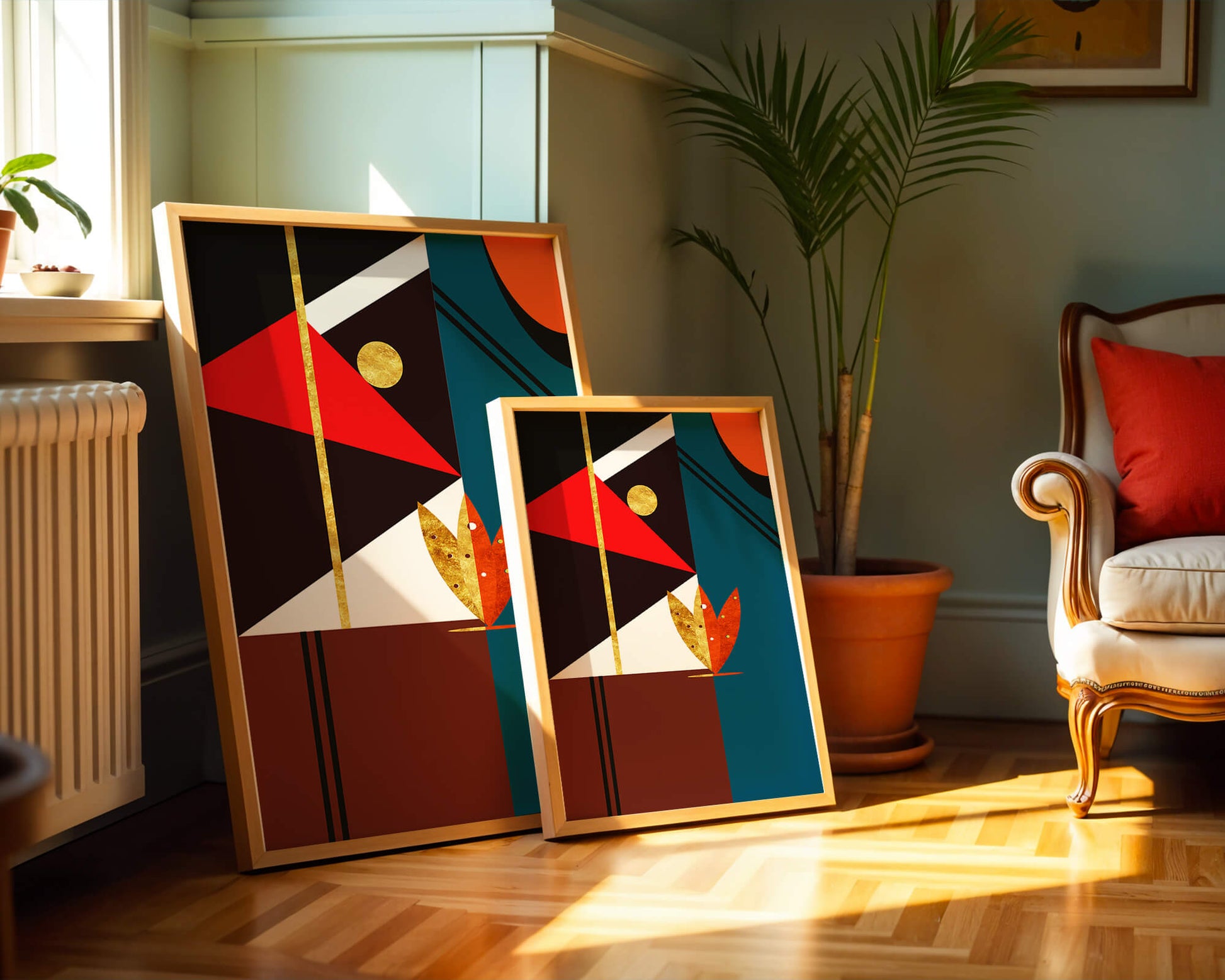 Geometrische abstrakte Kunst mit Gold und kräftigen Formen