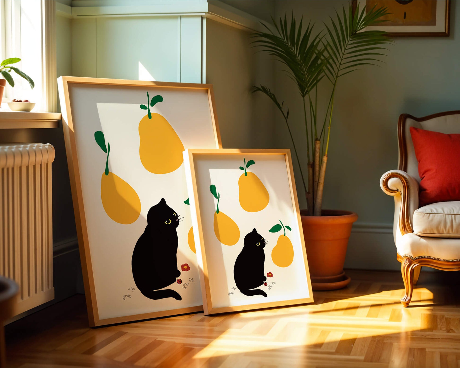 Ilustración de gato negro con peras amarillas y hojas verdes