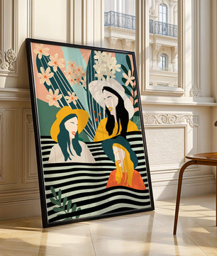 Illustration abstraite colorée de trois femmes avec des éléments floraux et botaniques