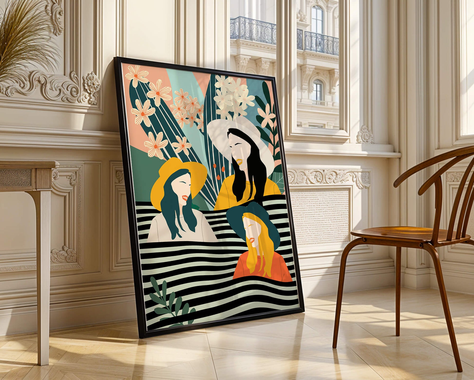 Illustration abstraite colorée de trois femmes avec des éléments floraux et botaniques