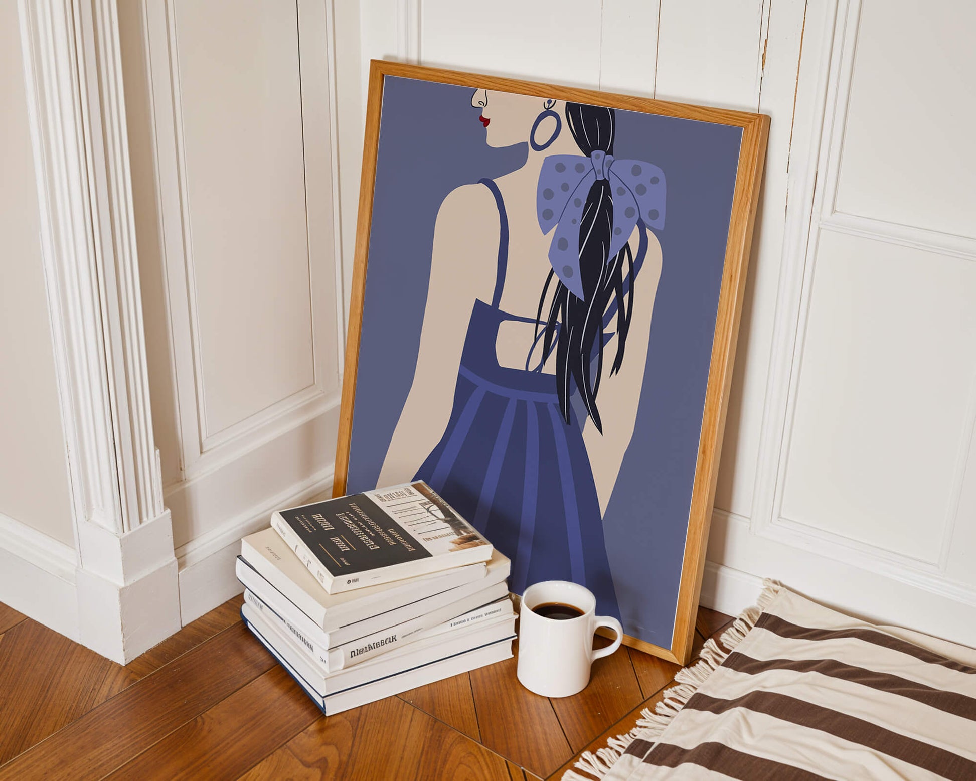Stilvolle Illustration einer Frau mit gepunkteter Schleife und blauem Kleid