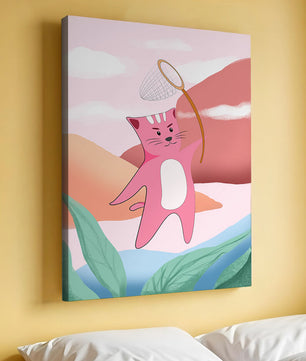 Pink Cat Holding Net in Whimsical Landscape