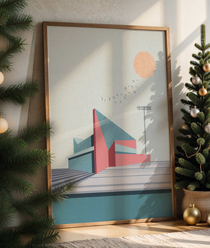 Ilustración arquitectónica moderna con diseño geométrico y atardecer