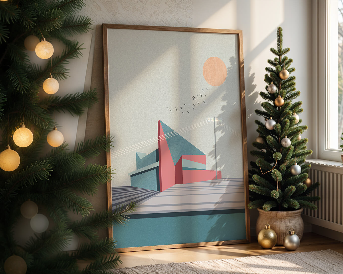 Ilustración arquitectónica moderna con diseño geométrico y atardecer