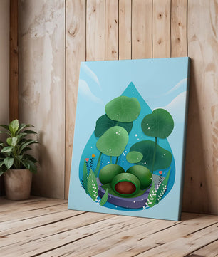 Nature-inspired abstract illustration with leaves and spheres