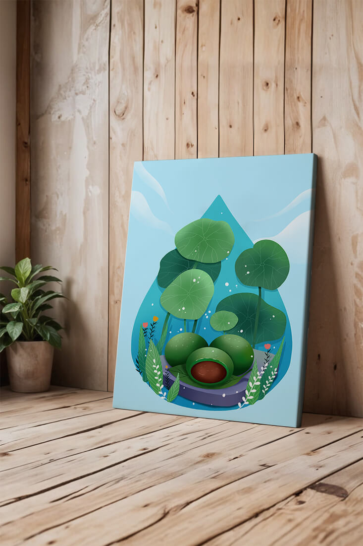 Nature-inspired abstract illustration with leaves and spheres