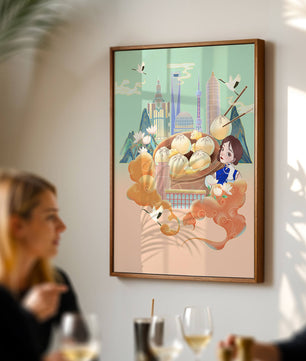 Illustration de la ligne d’horizon de Shanghai avec des raviolis et des éléments asiatiques