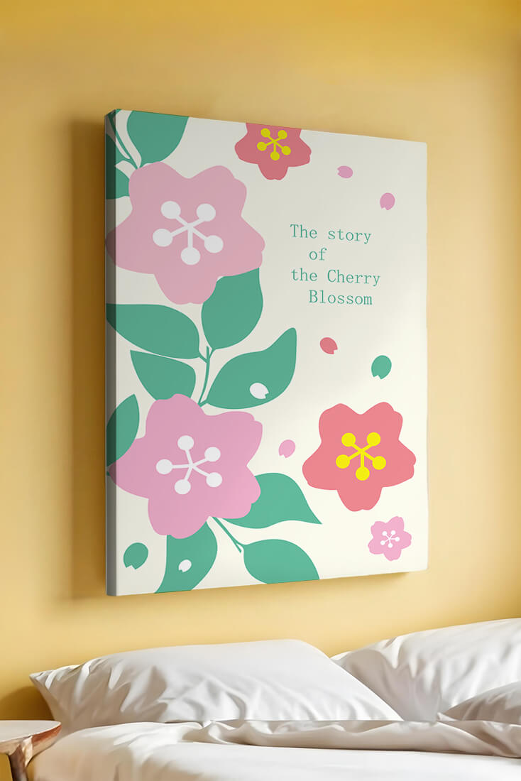 Floral illustration with cherry blossoms and green leaves