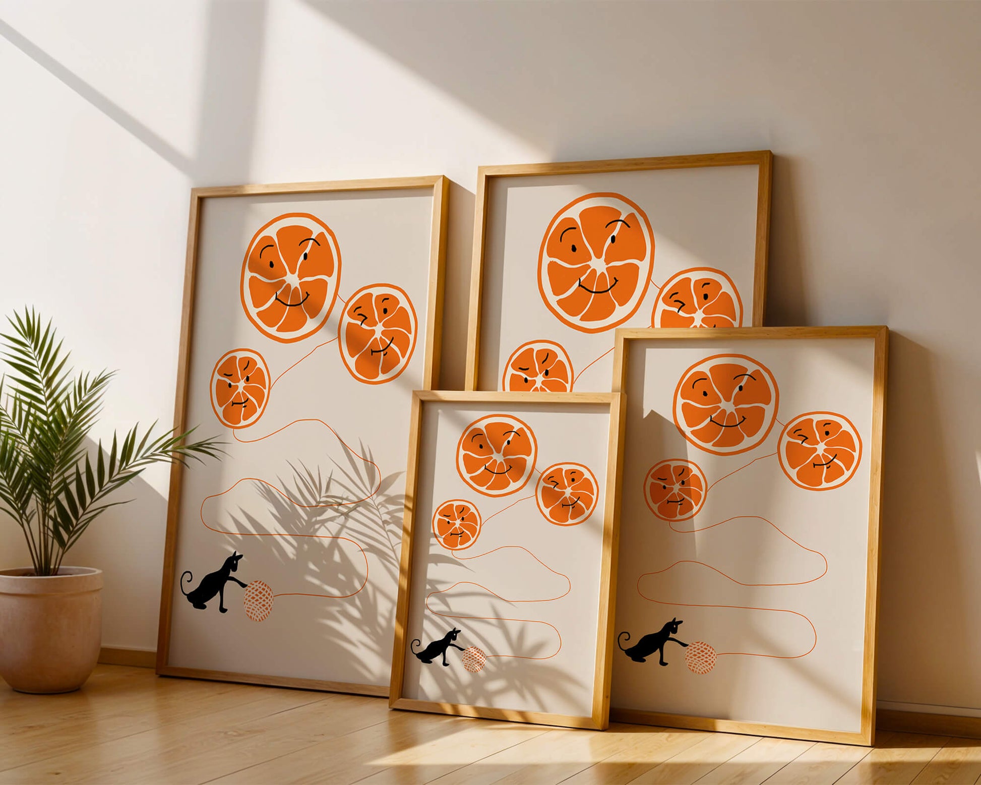 Playful illustration of oranges with cat and yarn