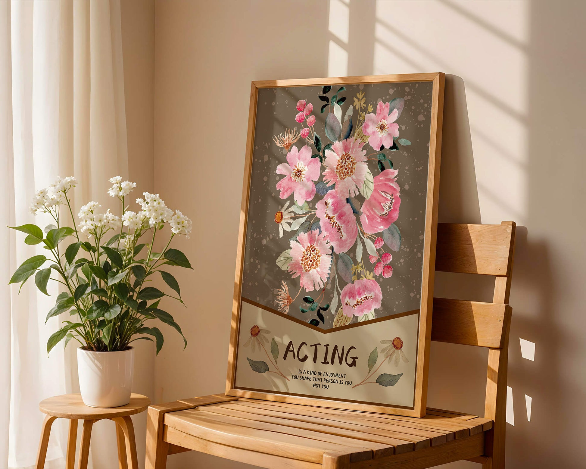 Floral watercolor illustration with motivational text on a brown dotted background
