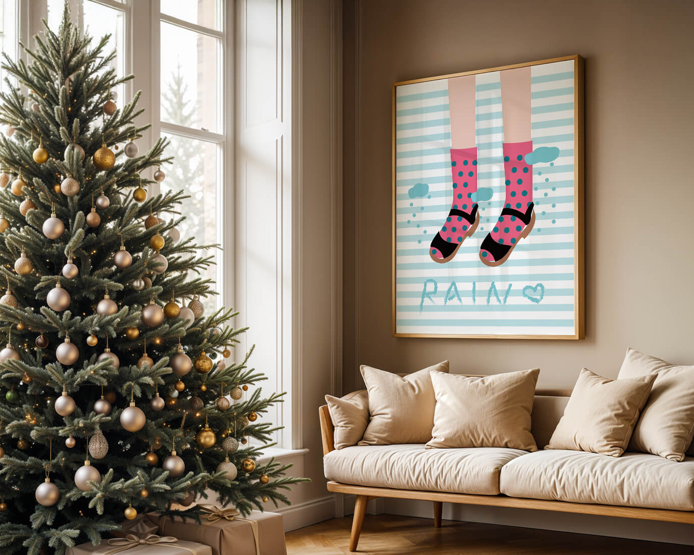Illustration of polka dot socks and sandals on a striped background
