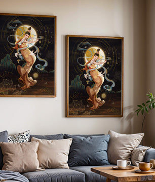 Elegant celestial dancer with gold elements in an ethereal fantasy scene