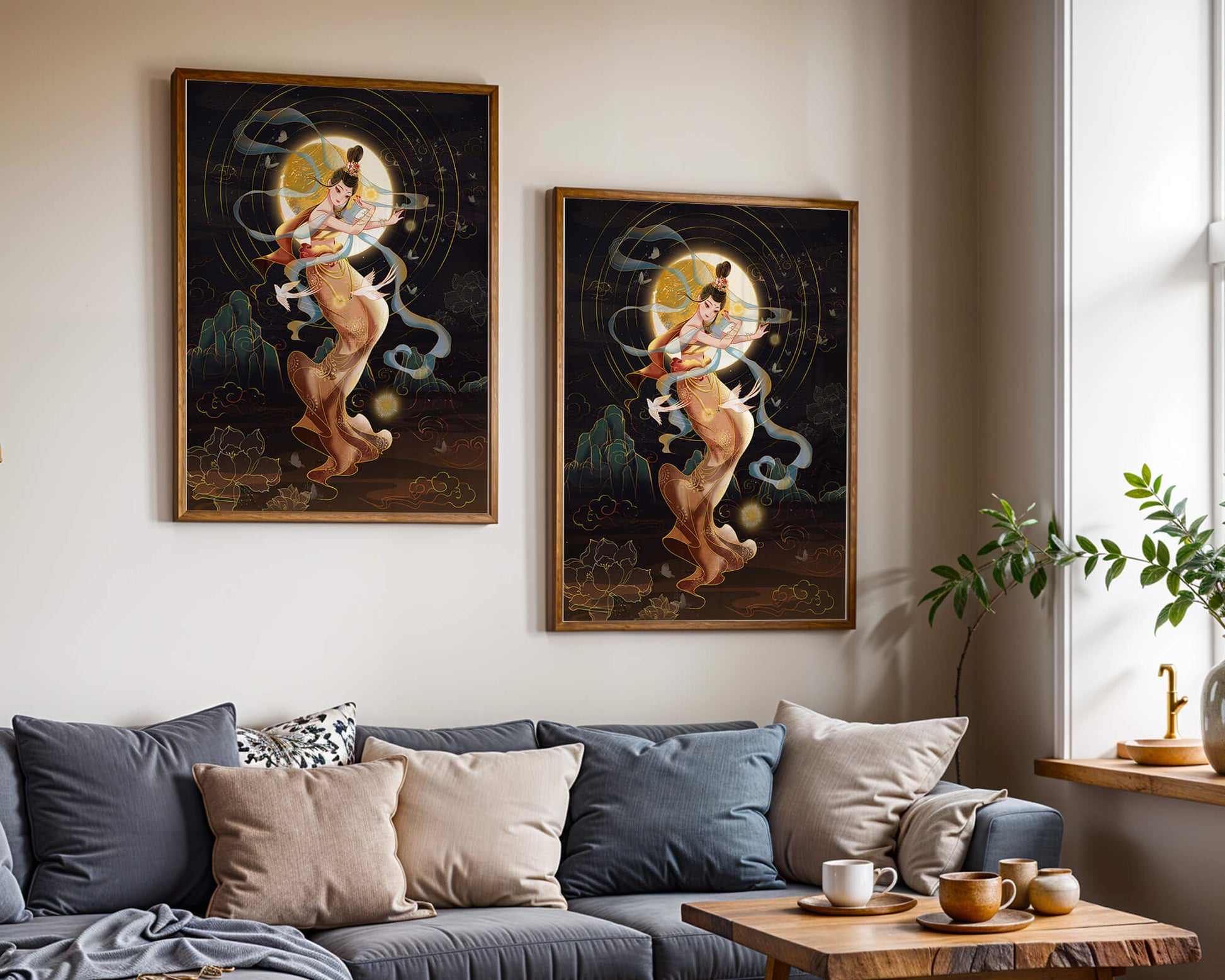 Elegant celestial dancer with gold elements in an ethereal fantasy scene