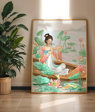Femme élégante en tenue traditionnelle assise dans une barque parmi des fleurs de lotus