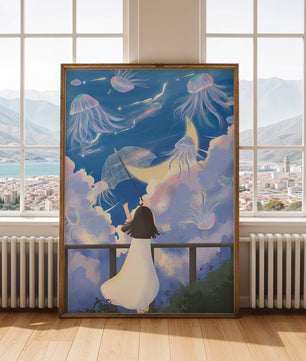 Young girl with umbrella watching surreal jellyfish sky