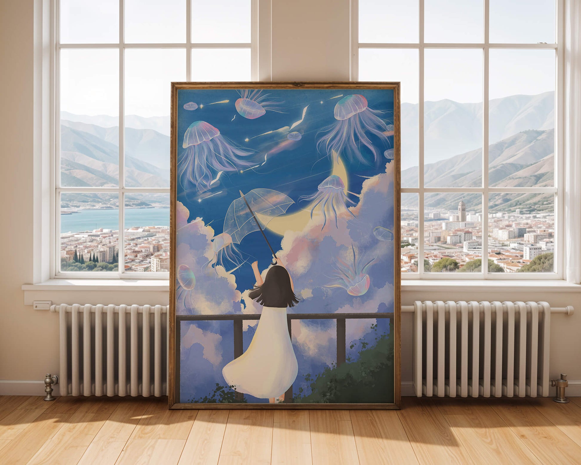Young girl with umbrella watching surreal jellyfish sky