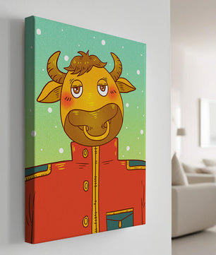 Cartoon cow character in a red coat against a snowy background