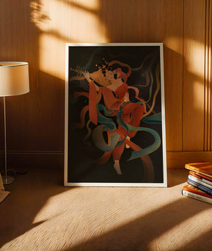 Elegant depiction of a goddess playing a lute with flowing ribbons