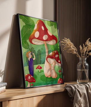 Playful illustration of a child with oversized mushrooms in a whimsical forest setting