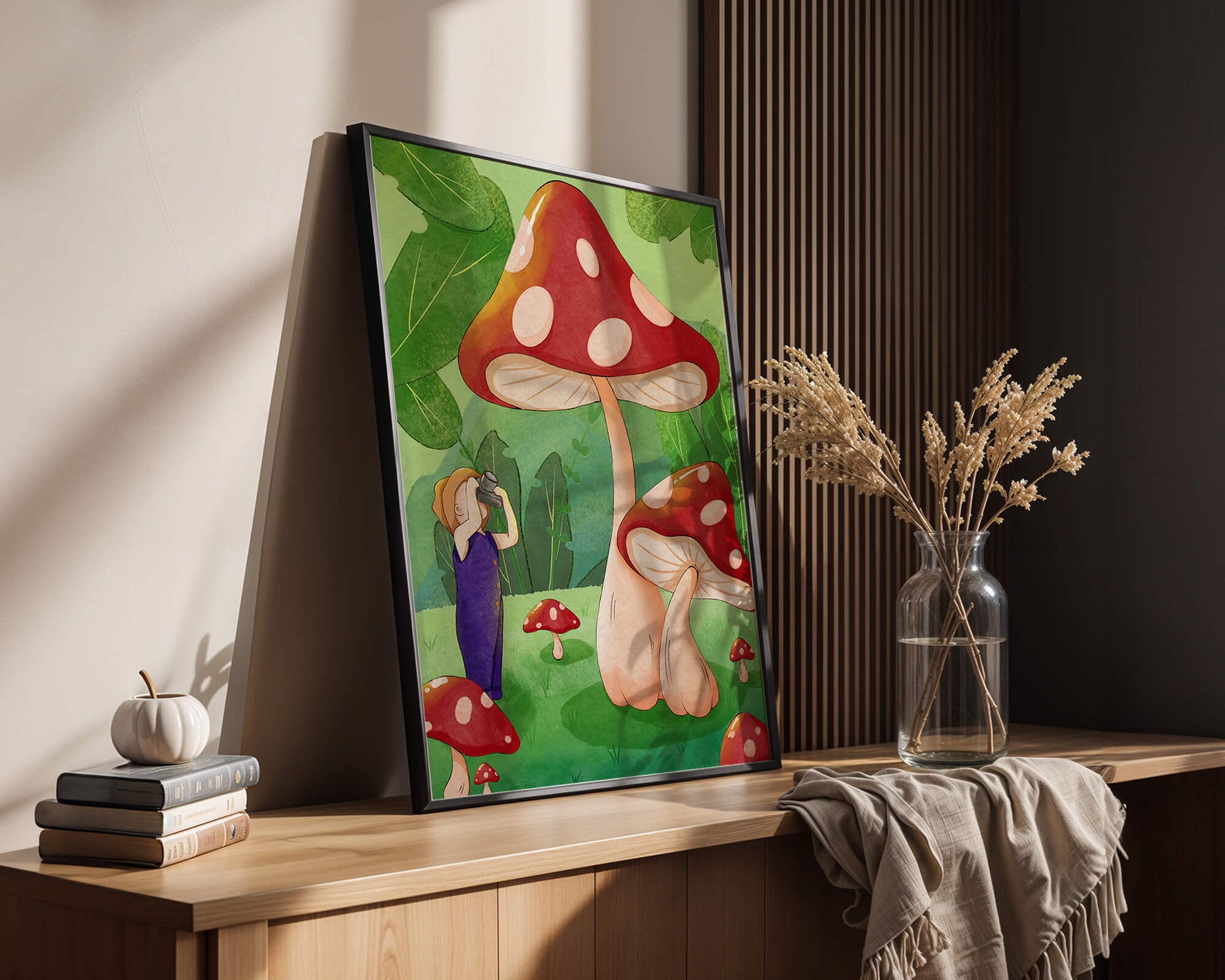 Playful illustration of a child with oversized mushrooms in a whimsical forest setting