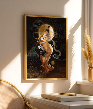 Elegant celestial dancer with gold elements in an ethereal fantasy scene