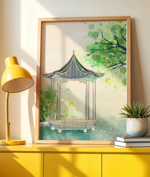 Serene garden pavilion amidst lush green trees and calm waters