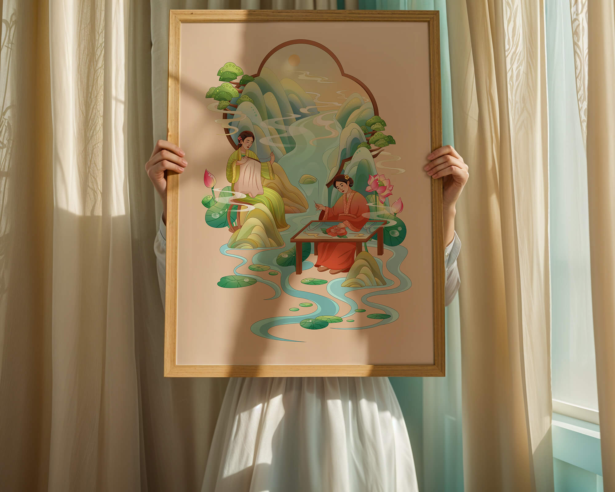 Serene water and nature scene with people in traditional attire