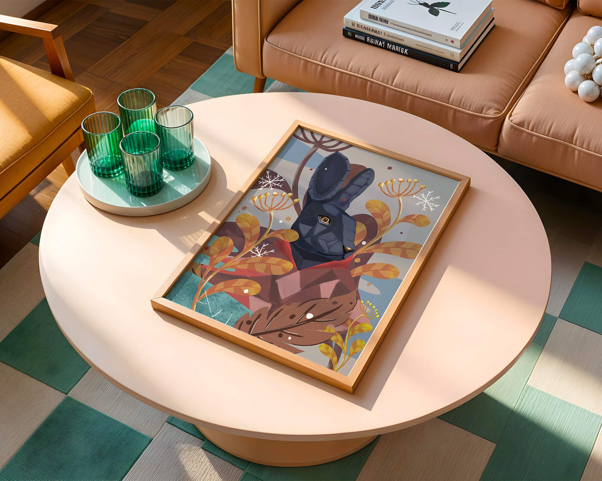 Abstract geometric rabbit in a vibrant autumn floral setting