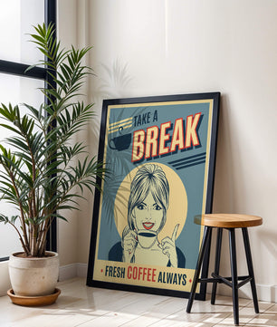Retro Coffee Break Poster with Woman Holding a Cup - Mi tienda