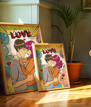 Ilustración de pop art romántico con pareja abrazándose y texto de amor