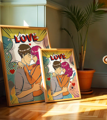 Romantic Pop Art Illustration with Embracing Couple and Love Text