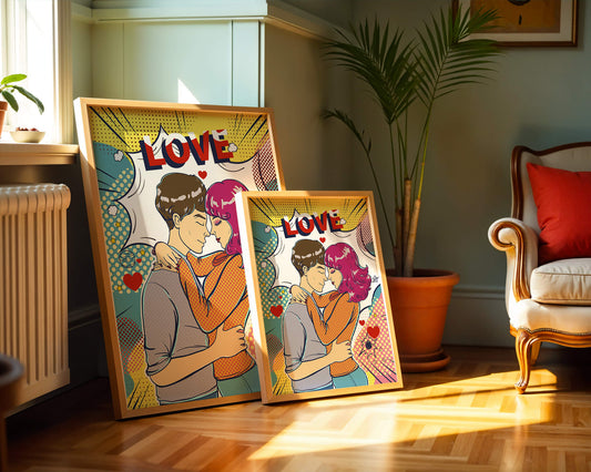 Romantic Pop Art Illustration with Embracing Couple and Love Text