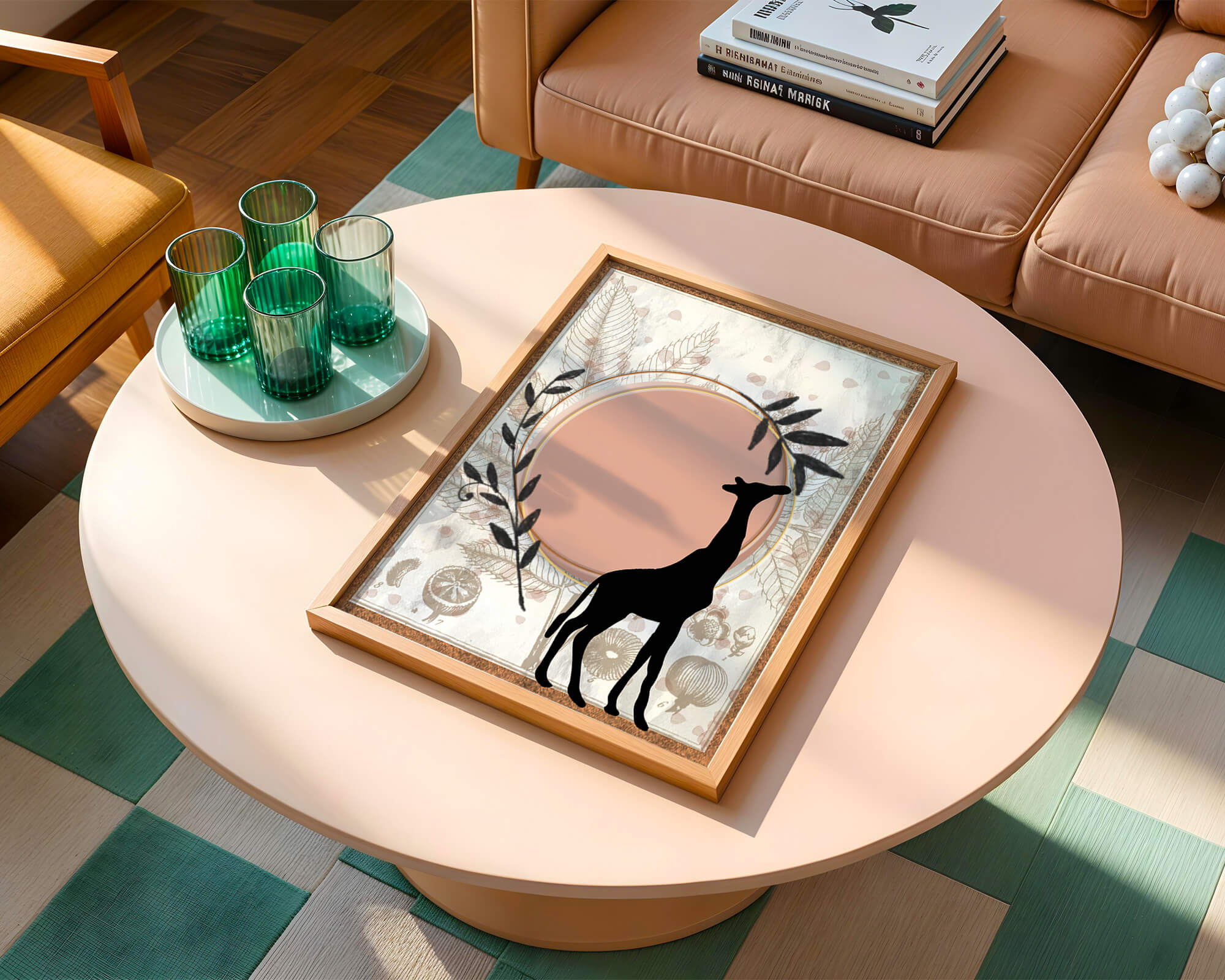 Nature-inspired artwork with giraffe silhouette and botanical elements