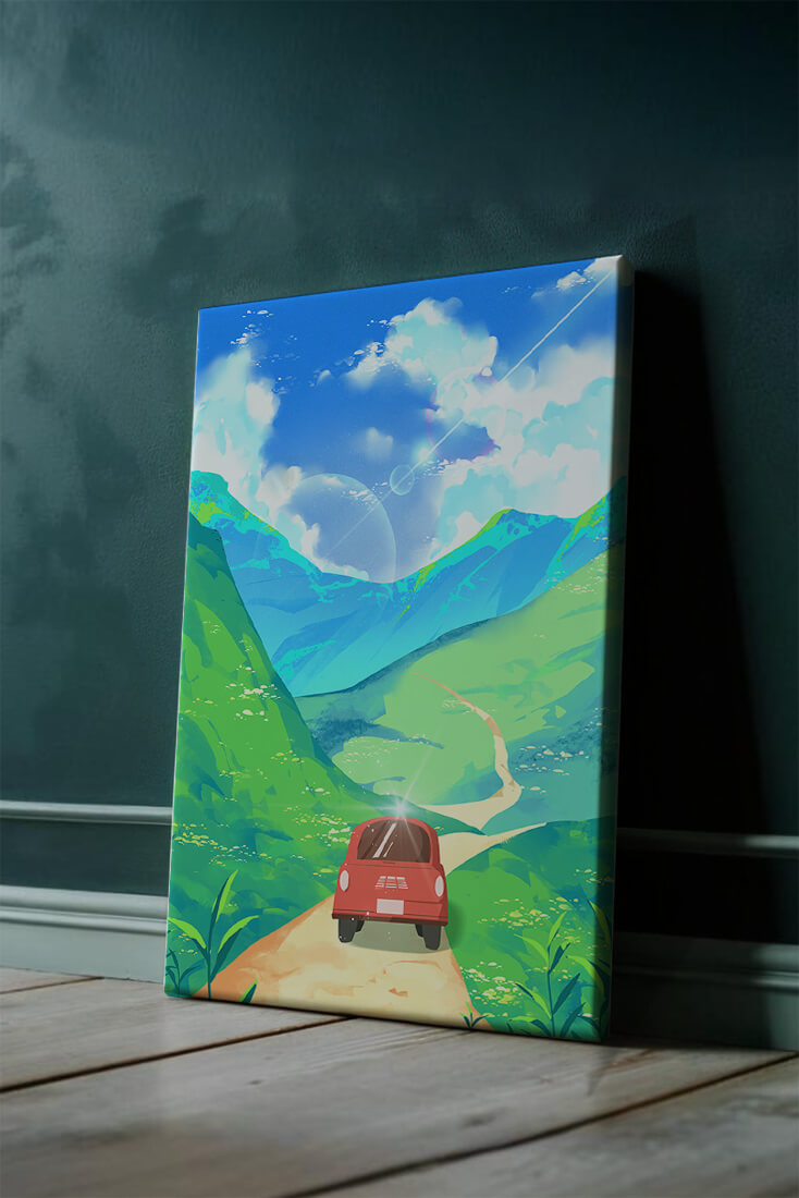 Red Car on a Scenic Road Through Green Hills Under a Vibrant Blue Sky